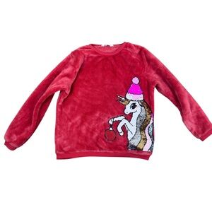 H&M Red Unicorn Sequin Christmas Holiday Pullover Sweatshirt Top Girls 8/10